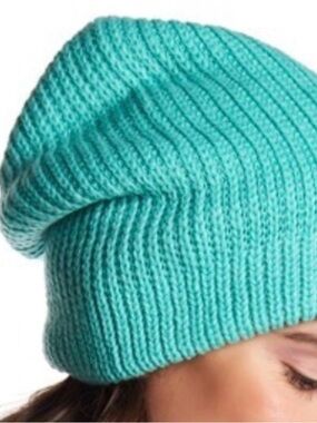 Free People Turquoise Rib Knit Slouchy Beanie OS Chunky Double Layer Cozy Hat